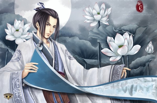 Anime picture 1200x791 with the legend of swordsman yan lu myme1 single black hair long sleeves traditional clothes realistic night boy flower (flowers) moon beard scroll