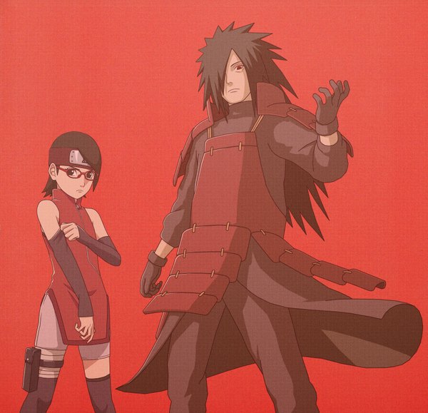 Anime picture 3293x3183 with naruto studio pierrot naruto (series) uchiha madara uchiha sarada god66666666 long hair fringe highres short hair black hair red eyes standing absurdres arm up hair over one eye red background serious sharingan asymmetrical clothes