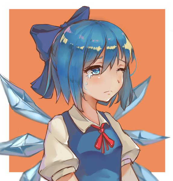 Anime picture 2480x2598 with touhou cirno kinto-kuwa single tall image fringe highres short hair blue eyes simple background hair between eyes blue hair looking away upper body one eye closed short sleeves puffy sleeves tears border crying
