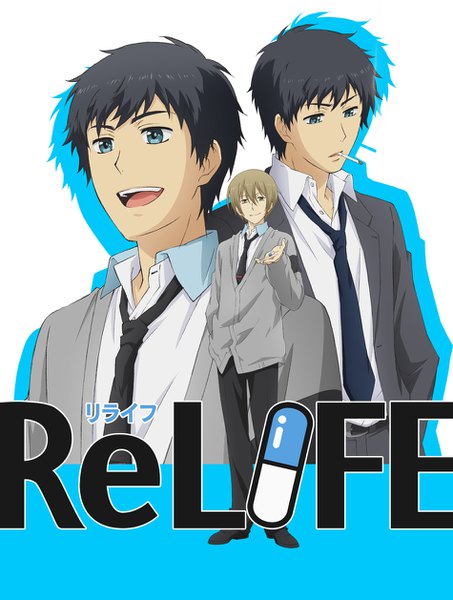 Anime picture 950x1257 with relife kaizaki arata yoake ryou tall image looking at viewer fringe short hair open mouth black hair blonde hair simple background smile hair between eyes standing white background holding looking away aqua eyes inscription multiple boys