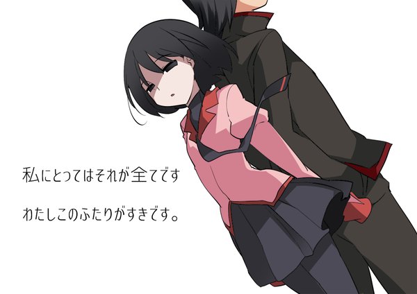 Anime picture 1000x707 with owarimonogatari shaft (studio) monogatari (series) araragi koyomi oshino ougi hammer (sunset beach) fringe short hair open mouth black hair simple background white background long sleeves wind black eyes text back to back girl boy uniform