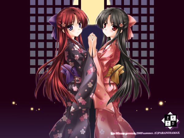 Anime picture 2000x1500 with minase lin long hair highres blue eyes black hair red eyes multiple girls red hair traditional clothes japanese clothes holding hands half updo girl hair ornament 2 girls yukata