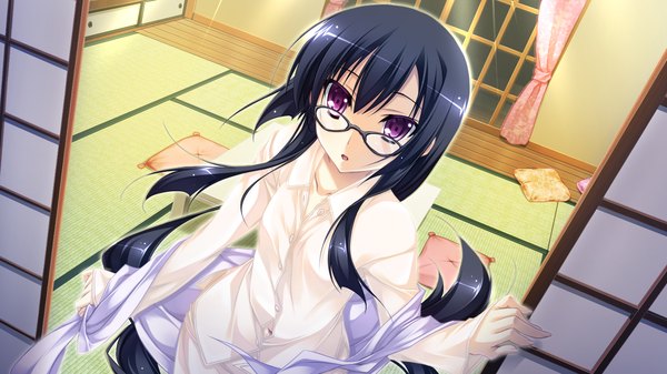Anime picture 1280x720 with appare! tenka gomen katagiri hinata long hair black hair wide image game cg pink eyes girl shirt glasses