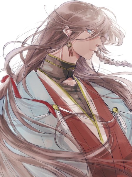 Anime picture 600x800 with touken ranbu nitroplus izuminokami kanesada maru0one single long hair tall image looking at viewer fringe blue eyes simple background hair between eyes brown hair white background upper body braid (braids) traditional clothes japanese clothes profile piercing