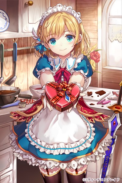 Anime picture 700x1050 with original momoko (momopoco) single long hair tall image looking at viewer blush blue eyes blonde hair smile valentine girl thighhighs dress weapon black thighhighs sword food window sweets