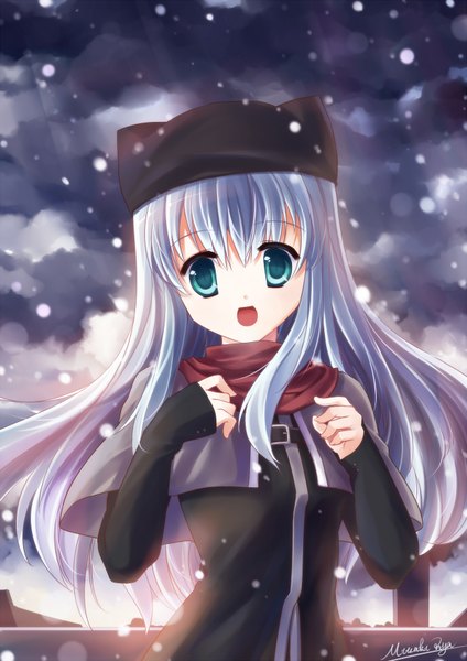 Anime picture 1248x1764 with original mitsuki riya (artist) single tall image open mouth green eyes signed blue hair cloud (clouds) snowing winter girl hat scarf