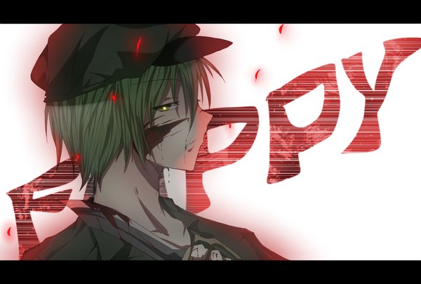 Anime picture 1748x1181 with happy tree friends flippy nonomichi single highres short hair yellow eyes profile green hair personification boy hat blood flat cap