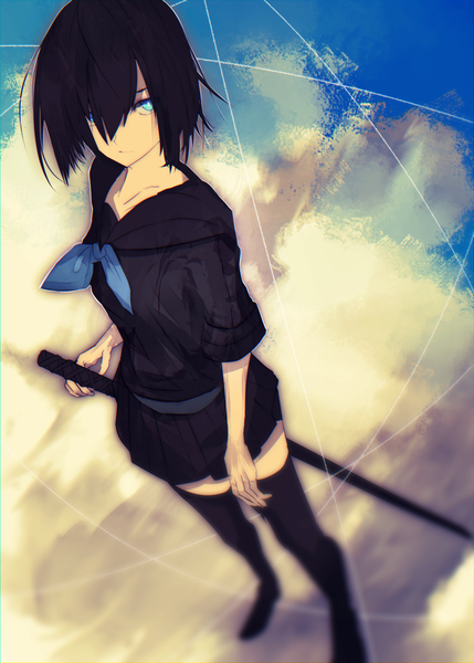 Anime picture 2591x3624 with original tarbo (exxxpiation) single tall image looking at viewer fringe highres short hair blue eyes black hair hair between eyes standing sky cloud (clouds) full body pleated skirt from above hair over one eye zettai ryouiki reflection