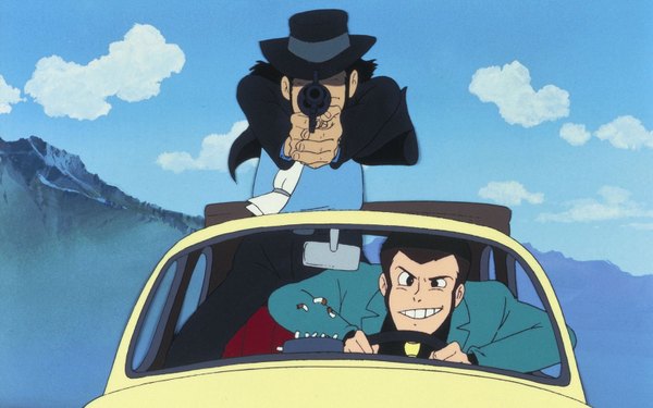 Anime picture 1600x1000 with lupin iii jigen daisuke arsene lupin iii short hair black hair brown hair wide image sky cloud (clouds) scan grin sidewhiskers driving boy weapon hat necktie gun suit ground vehicle