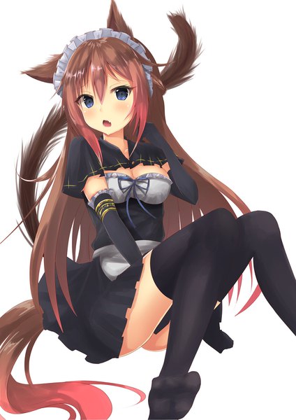 Anime picture 1200x1697 with original saku kn tall image looking at viewer blush fringe breasts open mouth blue eyes light erotic simple background hair between eyes brown hair white background animal ears tail very long hair animal tail pleated skirt multicolored hair