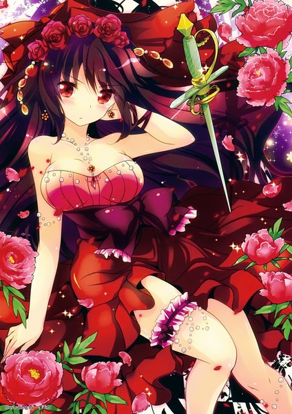 Anime picture 2472x3500 with original ichiyou moka single long hair tall image looking at viewer highres black hair red eyes scan girl dress flower (flowers) weapon petals sword frills pendant