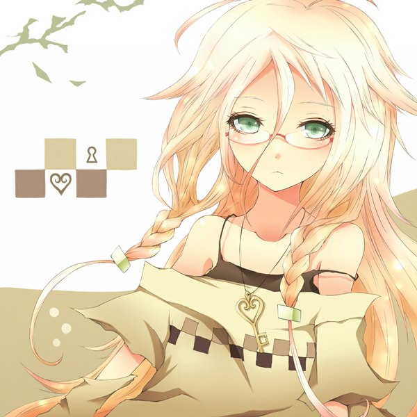 Anime picture 1150x1150 with vocaloid ia (vocaloid) single long hair blonde hair bare shoulders green eyes braid (braids) twin braids girl glasses key
