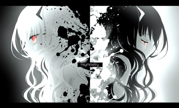 Anime picture 1000x608 with vocaloid hatsune miku aonoe long hair black hair simple background red eyes wide image white background twintails looking away white hair eyes closed black background letterboxed wavy hair alternate color albino girl