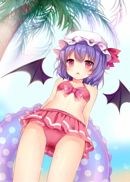 Anime picture 1000x1398 with touhou remilia scarlet nachi single tall image looking at viewer blush short hair open mouth light erotic red eyes blue hair girl swimsuit plant (plants) bikini wings tree (trees) bonnet palm tree
