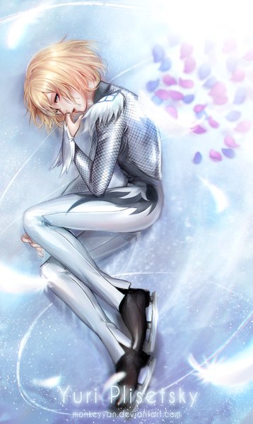 Anime picture 1240x2077 with yuri!!! on ice mappa yuri plisetsky monkeyyan single tall image looking at viewer fringe short hair blue eyes blonde hair full body bent knee (knees) lying parted lips profile character names hand on knee boy petals