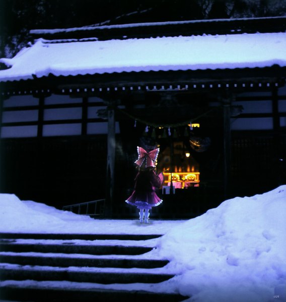 Anime picture 1997x2109 with touhou gensou kaikyou (artbook) hakurei reimu an2a single long hair tall image highres brown hair from behind winter snow photo background girl bow hair bow stairs