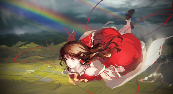 Anime picture 1973x1080 with touhou hakurei reimu jq single long hair fringe highres brown hair wide image brown eyes sky flying landscape girl bow hair bow detached sleeves rainbow