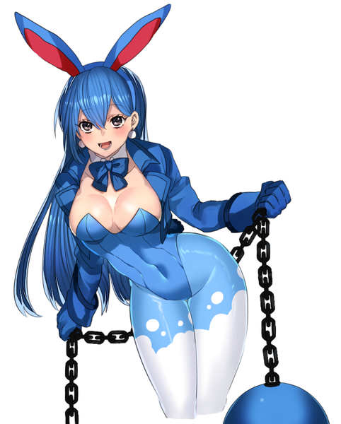 Anime picture 776x965 with pokemon nintendo azumarill katagiri hachigou single long hair tall image blush breasts open mouth light erotic simple background white background animal ears blue hair black eyes bunny ears gen 2 pokemon girl chain