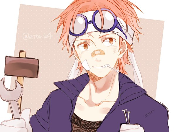 Anime picture 1024x768 with one piece toei animation coby (one piece) mako1124 single short hair smile brown eyes signed looking away pink hair framed brown background bandaid on face bandaid on nose glasses on head boy glasses hairband bandaid