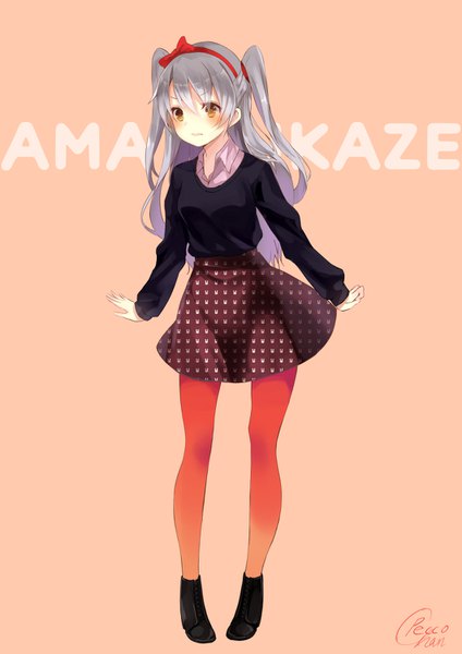 Anime picture 1061x1500 with kantai collection amatsukaze destroyer amahara pekozaemon single long hair tall image blush fringe simple background hair between eyes brown eyes signed looking away full body grey hair two side up alternate costume character names pink background open collar