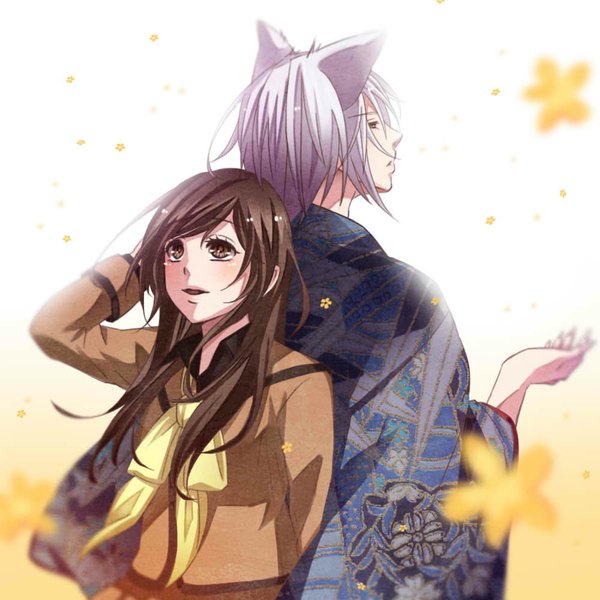 Anime picture 1000x1000 with kamisama hajimemashita tomoe (kamisama hajimemashita) momozono nanami surume long hair short hair open mouth brown hair standing brown eyes animal ears silver hair traditional clothes japanese clothes wind wide sleeves fox ears looking up fox boy girl