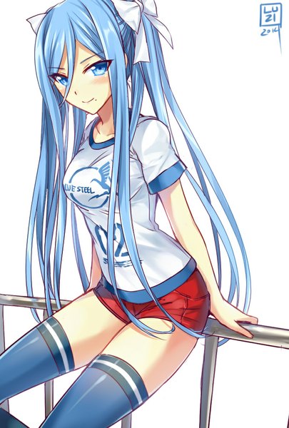 Anime picture 677x1003 with aoki hagane no arpeggio takao (aoki hagane no arpeggio) luzi (coffee-straw-luzi) single long hair tall image looking at viewer blush breasts blue eyes simple background smile white background sitting twintails blue hair alternate costume dated arched back girl