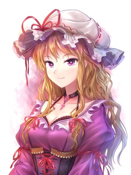 Anime picture 900x1200 with touhou yakumo yukari minust single long hair tall image blush fringe breasts blonde hair simple background smile white background purple eyes payot looking away upper body puffy sleeves portrait wavy hair