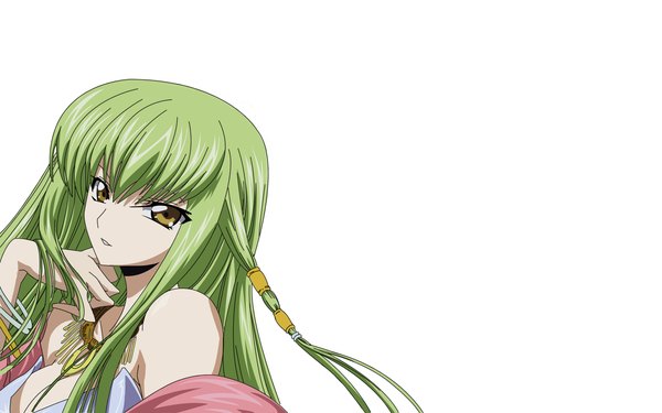 Anime picture 2560x1600 with code geass sunrise (studio) c.c. single long hair fringe highres wide image white background yellow eyes green hair vector girl bracelet