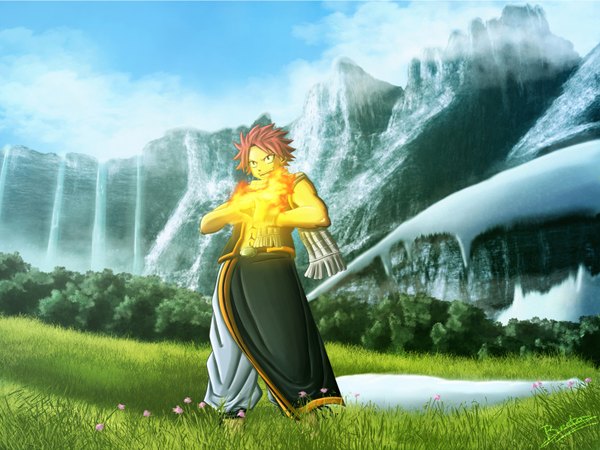 Anime picture 1600x1200 with fairy tail natsu dragneel diabolumberto single short hair open mouth smile standing signed looking away pink hair sky cloud (clouds) full body outdoors black eyes open jacket fang (fangs) coloring snow