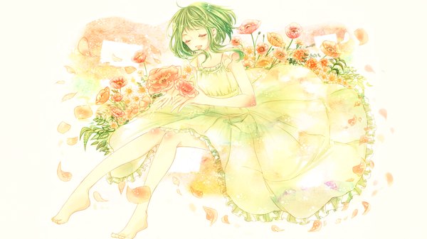 Anime picture 1280x720 with vocaloid gumi ruru (tsuitta) single short hair open mouth wide image sitting eyes closed barefoot green hair light smile girl dress flower (flowers)