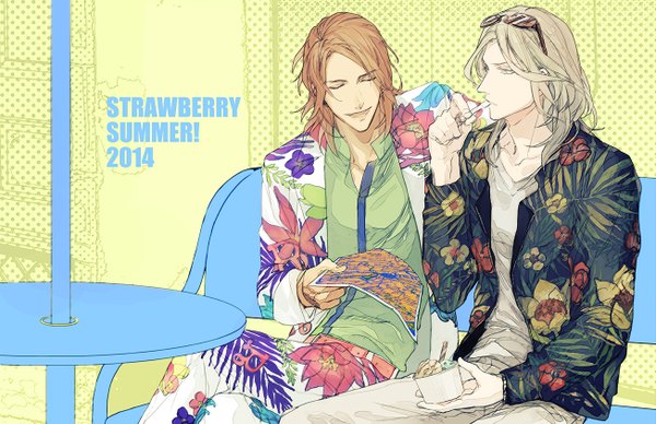 Anime picture 1304x844 with uta no prince-sama a-1 pictures jinguji ren camus tagme (artist) long hair blonde hair sitting eyes closed aqua eyes orange hair multiple boys floral print looking down eating polka dot pointing polka dot background boy shirt