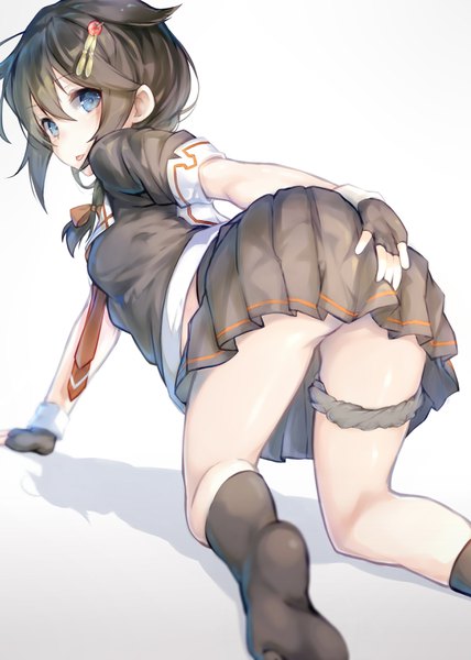 Anime picture 2500x3500 with kantai collection shigure destroyer katoroku single long hair tall image looking at viewer blush fringe highres breasts blue eyes light erotic simple background hair between eyes brown hair ass pleated skirt looking back shadow
