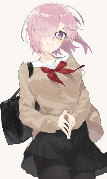 Anime picture 683x1136 with fate (series) fate/grand order mash kyrielight hayashi kewi single tall image fringe short hair simple background smile purple eyes pink hair pleated skirt wind hair over one eye from below fingers together girl skirt uniform