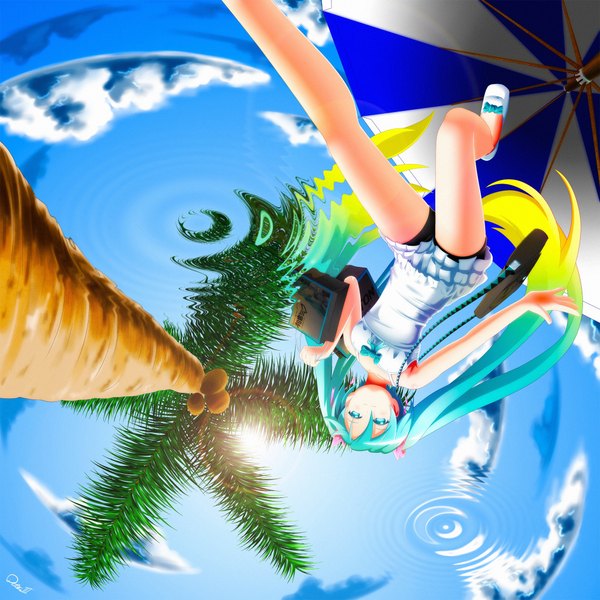 Anime picture 2046x2046 with vocaloid hatsune miku exiled (artist) single long hair blush highres blonde hair smile twintails sky cloud (clouds) multicolored hair aqua eyes sunlight aqua hair reflection girl dress plant (plants)