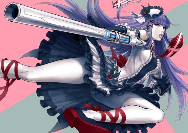 Anime picture 1412x1000 with lotz (artist) single long hair purple hair heterochromia girl dress gloves weapon necktie gun