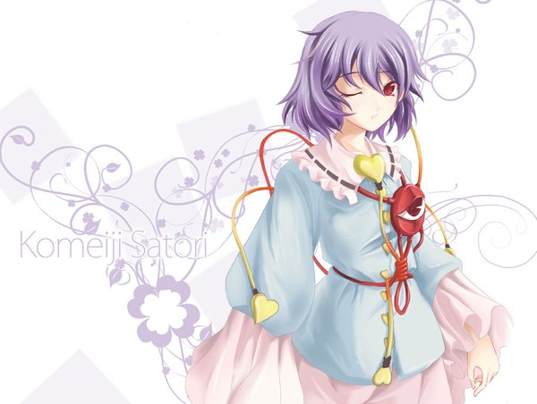 Anime picture 1161x875 with touhou komeiji satori futami kito short hair purple hair one eye closed wink eyes girl heart