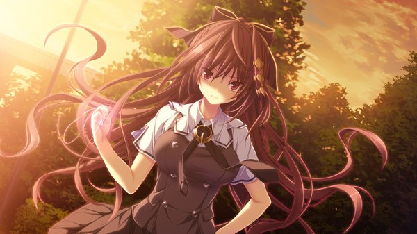 Anime picture 1280x720 with chrono clock jounouchi makoto koku single long hair looking at viewer smile red eyes brown hair wide image game cg evening sunset girl uniform bow hair bow school uniform necktie