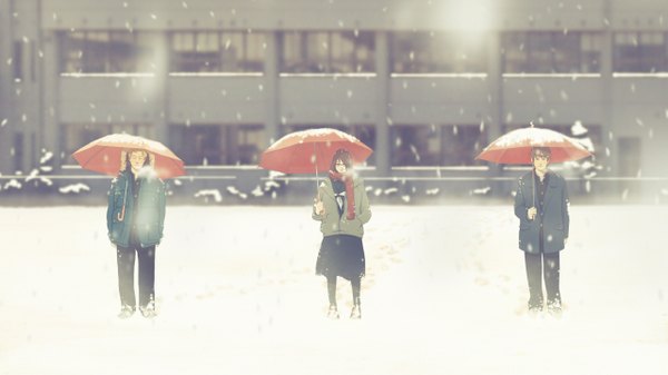 Anime picture 1280x719 with original yokoya brown hair wide image snowing winter snow skirt glasses scarf umbrella coat