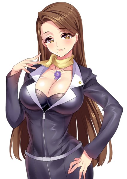 Anime picture 867x1225 with ace attorney mia fey senri gan single long hair tall image blush breasts light erotic simple background brown hair large breasts white background brown eyes cleavage girl