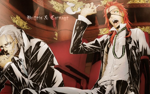 Anime picture 1280x800 with dogs: bullets & carnage david production badou nails mihai mihaeroff wide image green eyes white hair red hair smoking boy glasses eyepatch