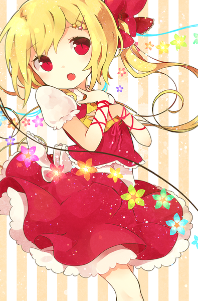 Anime picture 658x1000 with touhou flandre scarlet fuiyu (feuille0818) single long hair tall image blush short hair open mouth blonde hair red eyes looking away one side up striped striped background alternate wings girl skirt hair ornament flower (flowers)