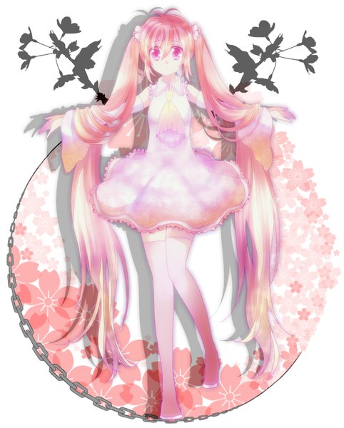 Anime picture 1300x1618 with vocaloid hatsune miku sakura miku mariwai (marireroy) single tall image looking at viewer white background purple eyes twintails pink hair very long hair girl thighhighs dress flower (flowers) detached sleeves chain