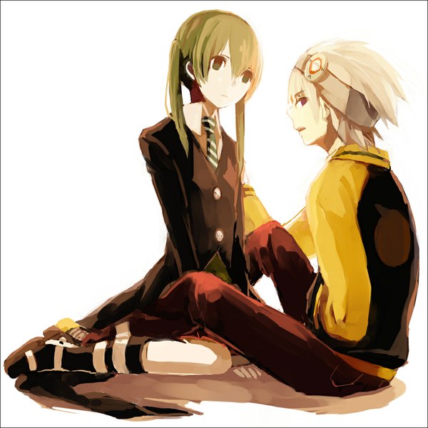 Anime picture 1000x1000 with soul eater studio bones maka albarn soul eater evans lemontea long hair short hair open mouth simple background red eyes white background sitting green eyes white hair braid (braids) profile green hair twin braids spiked hair girl