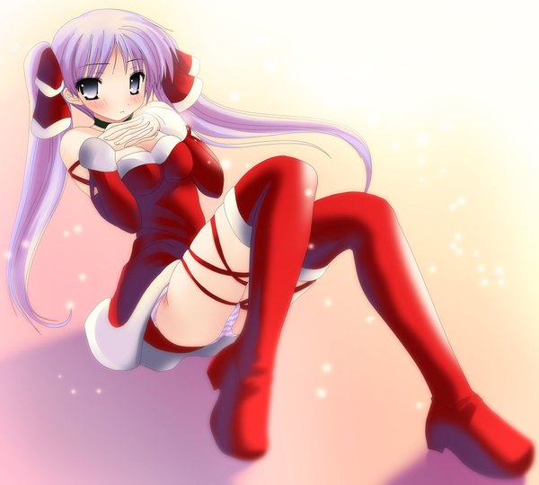 Anime picture 2000x1800 with lucky star kyoto animation hiiragi kagami single long hair blush highres light erotic cleavage purple hair snowing pantyshot sitting girl thighhighs underwear panties detached sleeves striped panties santa claus costume