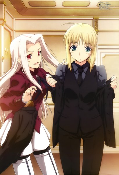 Anime picture 4066x5955 with fate (series) fate/stay night fate/zero studio deen type-moon megami magazine artoria pendragon (all) saber irisviel von einzbern long hair tall image highres blonde hair red eyes multiple girls green eyes absurdres white hair official art girl