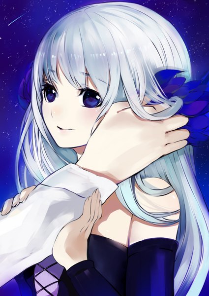 Anime picture 1000x1412 with odin sphere vanillaware gwendolyn tate (donnguriumai) long hair tall image blush breasts blue eyes holding white hair hair flower light smile night night sky portrait flat chest hand on cheek dress hair ornament