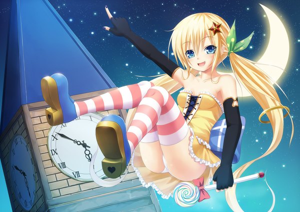 Anime picture 1000x707 with original tiphereth single long hair looking at viewer blush open mouth blue eyes light erotic blonde hair twintails night pantyshot girl thighhighs dress gloves underwear panties bow