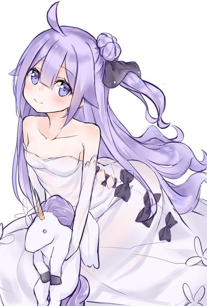 Anime picture 1378x2039 with azur lane unicorn (azur lane) hashiko no woto single long hair tall image looking at viewer blush fringe simple background smile hair between eyes white background purple eyes bare shoulders purple hair ahoge head tilt leaning leaning forward