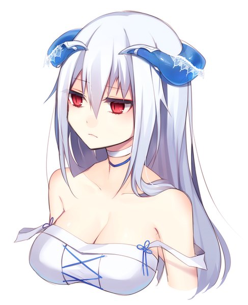 Anime picture 894x1100 with original muryotaro single long hair tall image breasts simple background red eyes white background looking away cleavage white hair horn (horns) portrait lacing serious girl choker lace