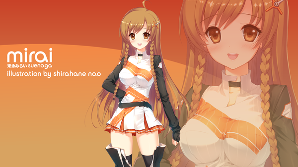 Anime picture 1920x1080 with mirai millenium suenaga mirai shirahane nao single long hair blush highres open mouth simple background brown hair wide image ahoge braid (braids) inscription orange eyes hand on hip zoom layer girl thigh boots